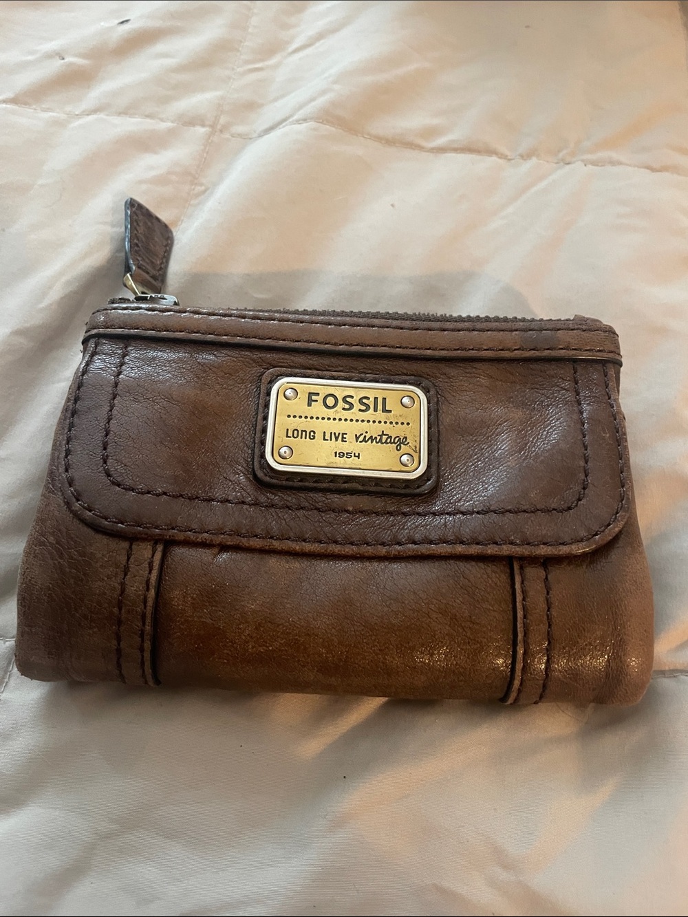 Fossil Brown Lamb Leather Zip & Flap Wallet with Gold Plaque